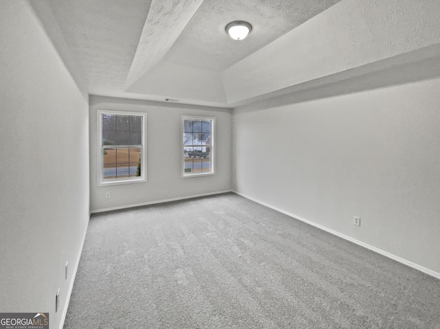 spare room featuring carpet floors, baseboards, a raised ceiling, and a textured ceiling