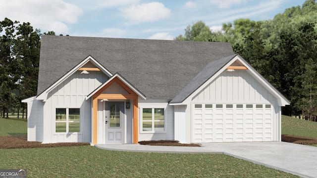 modern farmhouse with a garage, driveway, a shingled roof, a front lawn, and board and batten siding