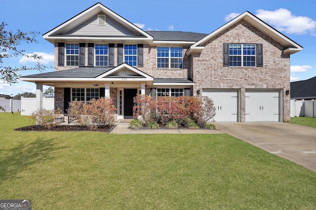 view of front facade featuring a garage, concrete driveway, brick siding, and a front lawn