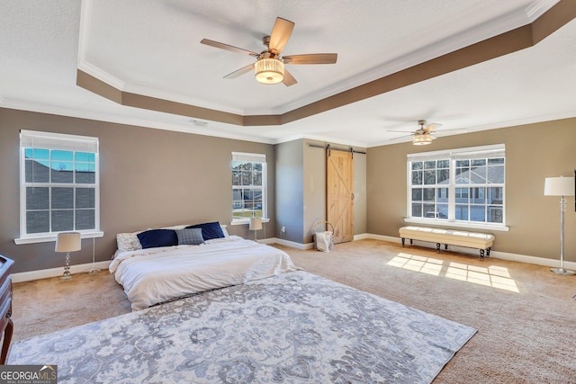 bedroom with a tray ceiling, crown molding, baseboards, and a barn door