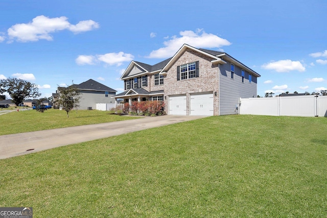 traditional-style home with brick siding, an attached garage, fence, driveway, and a front lawn