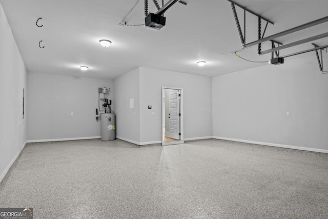 garage with water heater, baseboards, and a garage door opener