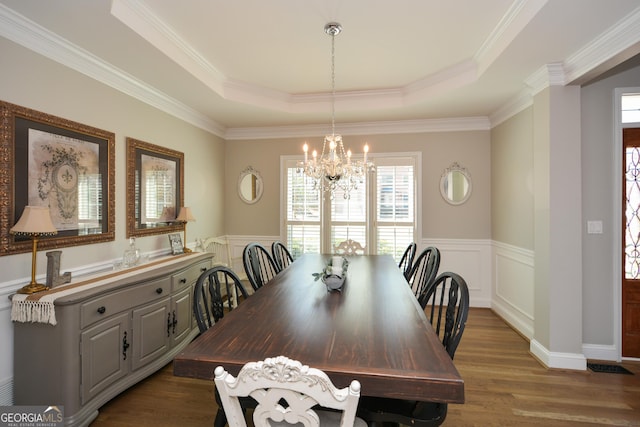 dining room featuring a raised ceiling, dark wood finished floors, and an inviting chandelier