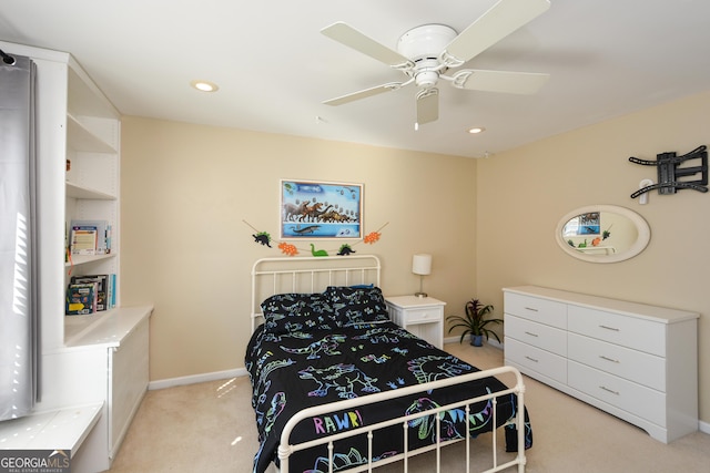 bedroom with ceiling fan, recessed lighting, baseboards, and light colored carpet