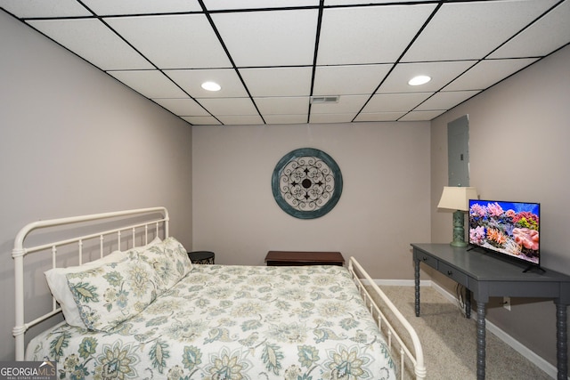 carpeted bedroom featuring recessed lighting, visible vents, and baseboards