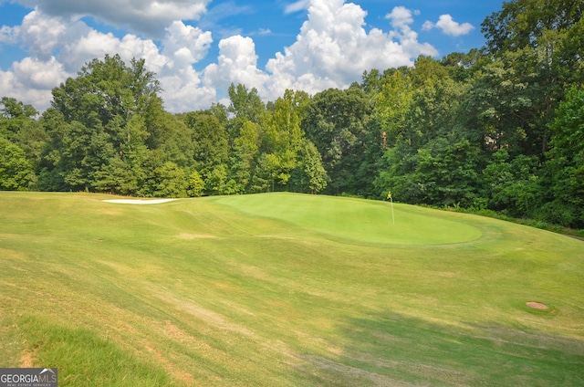 view of community featuring golf course view and a lawn