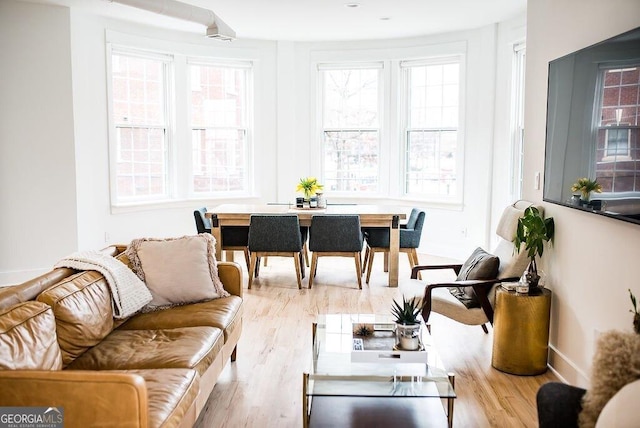 living area featuring baseboards and wood finished floors