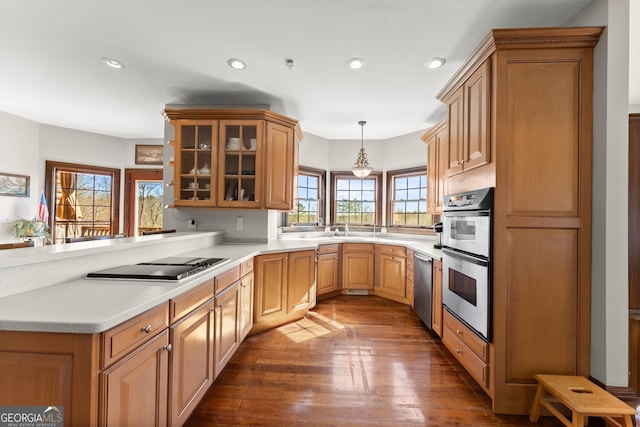 kitchen with decorative light fixtures, light countertops, appliances with stainless steel finishes, dark wood-style floors, and glass insert cabinets