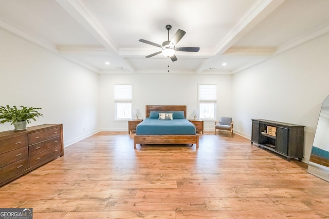 bedroom with light wood finished floors, baseboards, coffered ceiling, and beam ceiling