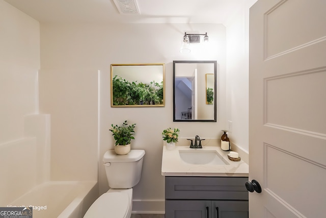 full bathroom featuring  shower combination, visible vents, vanity, and toilet