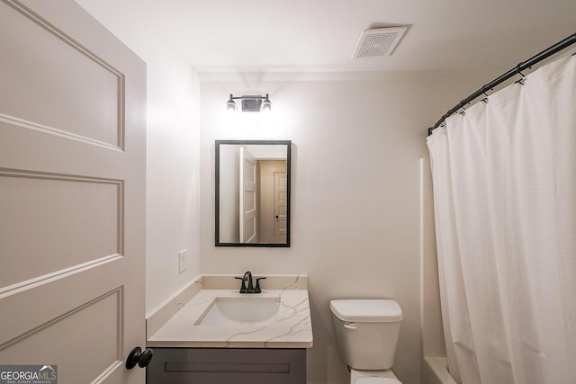 full bath featuring toilet, shower / bath combination with curtain, vanity, and visible vents