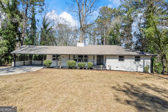 ranch-style house featuring concrete driveway, a chimney, crawl space, a front lawn, and a carport