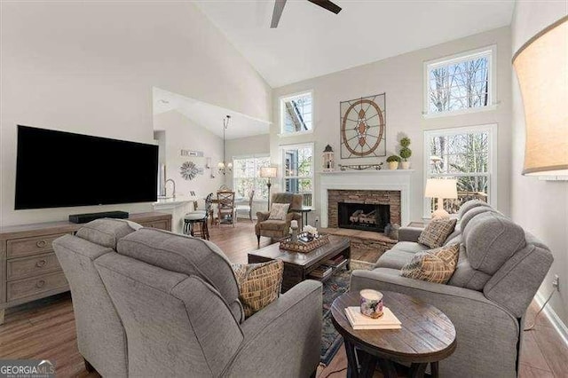 living room featuring a wealth of natural light, ceiling fan, and wood finished floors