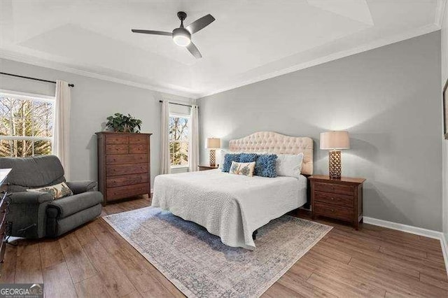 bedroom featuring a raised ceiling, crown molding, and wood finished floors