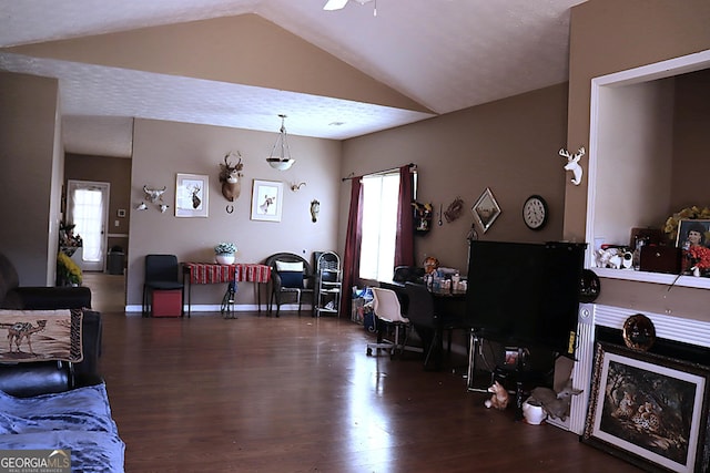 living room featuring vaulted ceiling, plenty of natural light, and wood finished floors