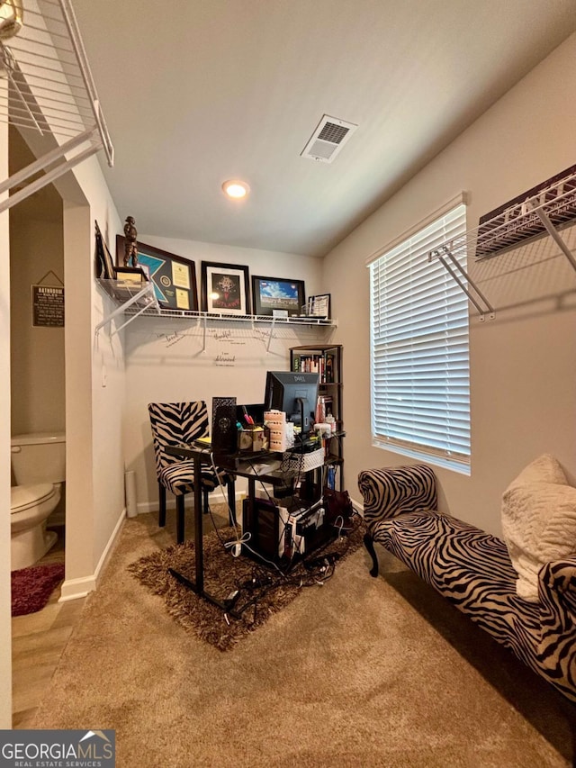 carpeted home office with recessed lighting, visible vents, and baseboards