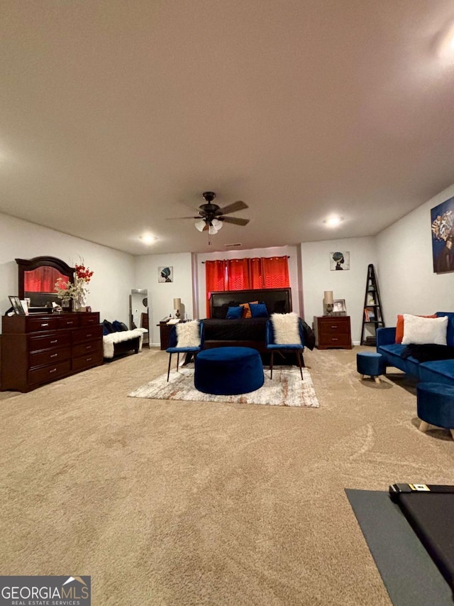 carpeted bedroom featuring a ceiling fan and recessed lighting