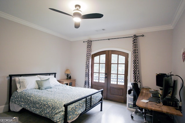 bedroom featuring access to outside, french doors, visible vents, and crown molding