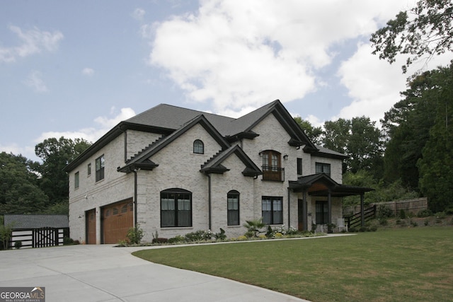 french country style house with brick siding, concrete driveway, an attached garage, a front yard, and fence