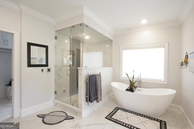 bathroom with a stall shower, baseboards, a soaking tub, marble finish floor, and crown molding