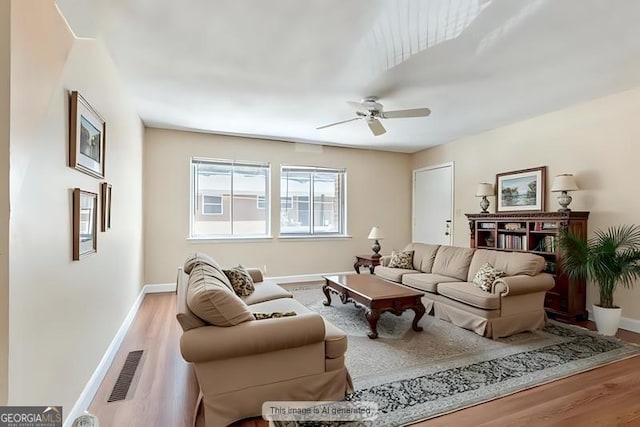 living area featuring a ceiling fan, wood finished floors, visible vents, and baseboards