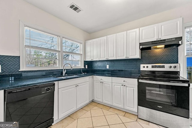 kitchen with under cabinet range hood, electric range, a sink, white cabinets, and dishwasher