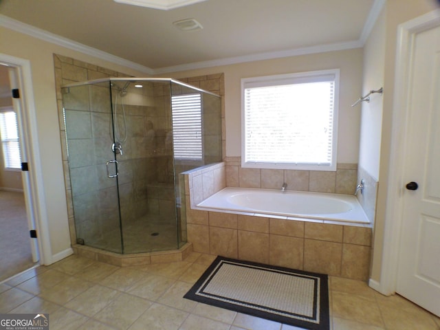 full bath featuring a garden tub, a shower stall, plenty of natural light, and crown molding