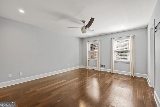 interior space featuring recessed lighting, visible vents, ceiling fan, wood finished floors, and baseboards