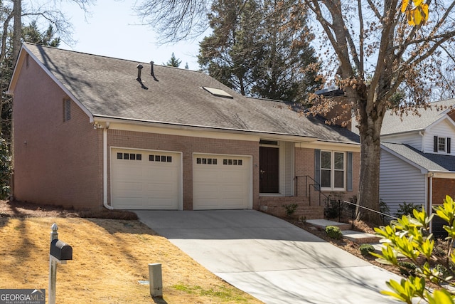 view of front facade with brick siding, driveway, an attached garage, and roof with shingles