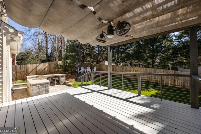 deck featuring a yard, a patio, and a fenced backyard