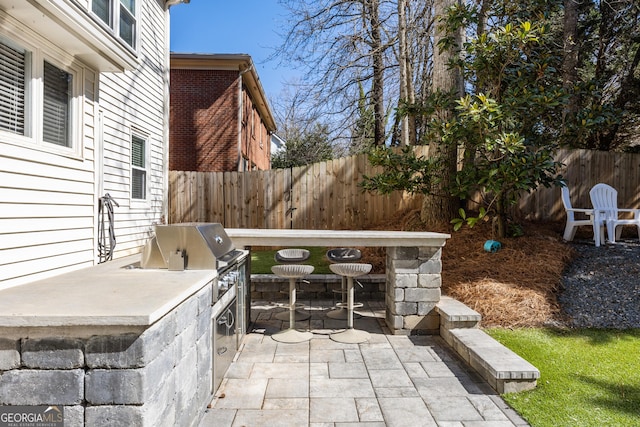 view of patio / terrace featuring exterior kitchen, a fenced backyard, and grilling area