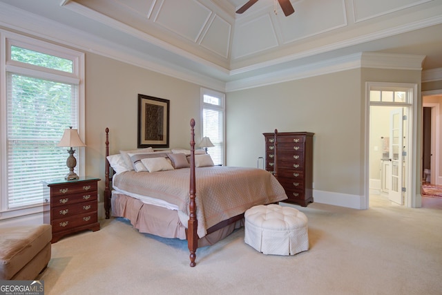 8440 Woodland Brooke Trl, Cumming, GA 30028 - bedroom with ornamental molding, light colored carpet, ensuite bath, and a ceiling fan