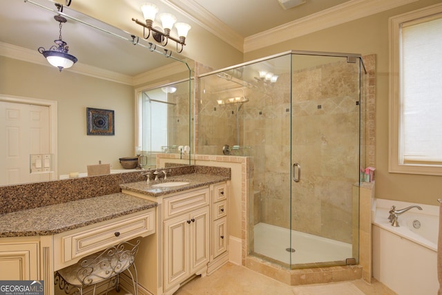 8440 Woodland Brooke Trl, Cumming, GA 30028 - bathroom featuring vanity, a shower stall, healthy amount of natural light, a bath, and ornamental molding