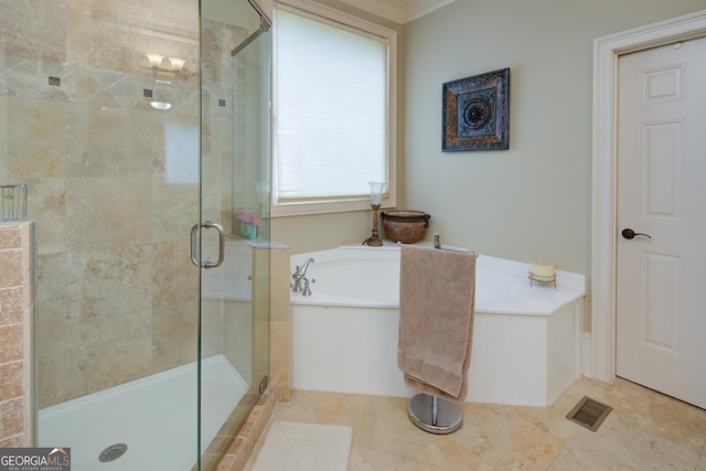 8440 Woodland Brooke Trl, Cumming, GA 30028 - full bathroom with a stall shower, a bath, ornamental molding, and tile patterned floors