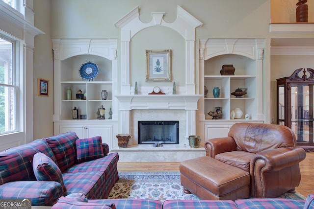 8440 Woodland Brooke Trl, Cumming, GA 30028 - living room with built in shelves, wood finished floors, and a premium fireplace