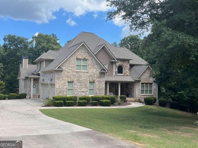 craftsman-style house featuring a garage, a front lawn, concrete driveway, and brick siding