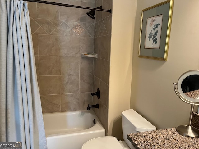 full bath with shower / bathtub combination with curtain, toilet, and vanity