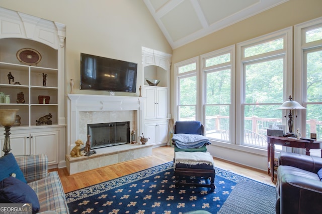 8440 Woodland Brooke Trl, Cumming, GA 30028 - living room with wood finished floors, a premium fireplace, built in shelves, and high vaulted ceiling