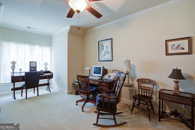 8440 Woodland Brooke Trl, Cumming, GA 30028 - carpeted office space featuring crown molding, a ceiling fan, and baseboards