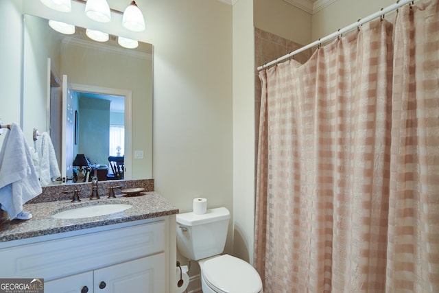 8440 Woodland Brooke Trl, Cumming, GA 30028 - bathroom featuring ornamental molding, vanity, toilet, and a shower with curtain