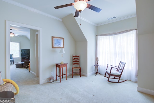 8440 Woodland Brooke Trl, Cumming, GA 30028 - sitting room featuring a ceiling fan, carpet, crown molding, and baseboards