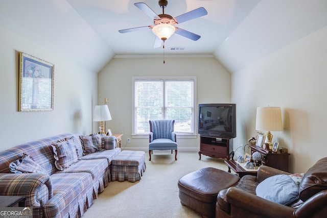 8440 Woodland Brooke Trl, Cumming, GA 30028 - carpeted living room with lofted ceiling, ceiling fan, and baseboards