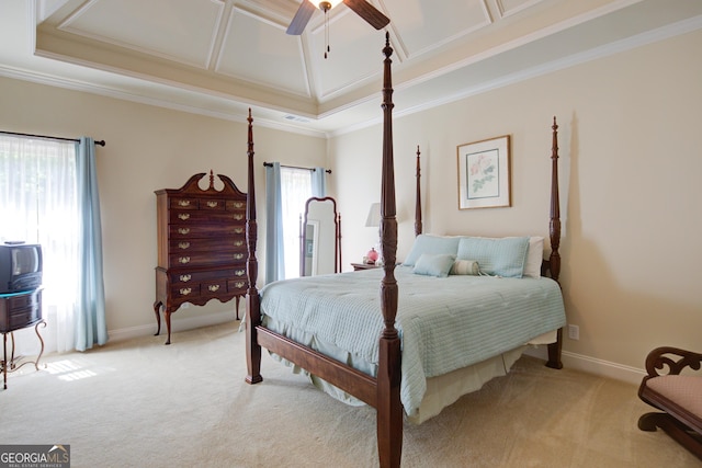 8440 Woodland Brooke Trl, Cumming, GA 30028 - bedroom featuring light carpet, ornamental molding, baseboards, and a ceiling fan