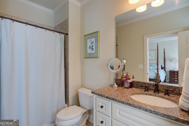 8440 Woodland Brooke Trl, Cumming, GA 30028 - bathroom featuring ornamental molding, vanity, toilet, and ensuite bath