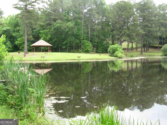 8440 Woodland Brooke Trl, Cumming, GA 30028 - water view featuring a gazebo and a tree filled landscape