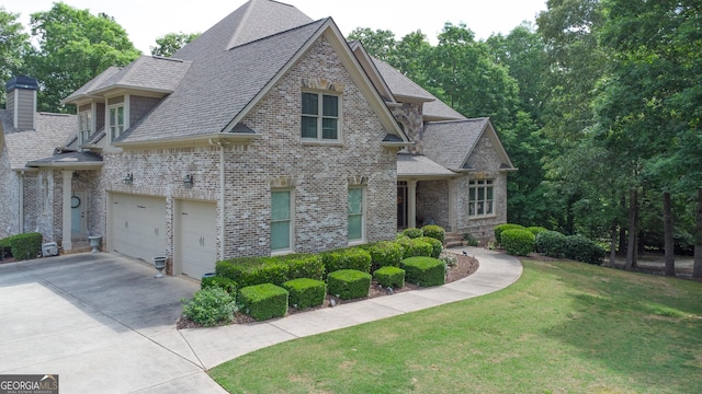 8440 Woodland Brooke Trl, Cumming, GA 30028 - view of front of house with concrete driveway, brick siding, a front lawn, and roof with shingles