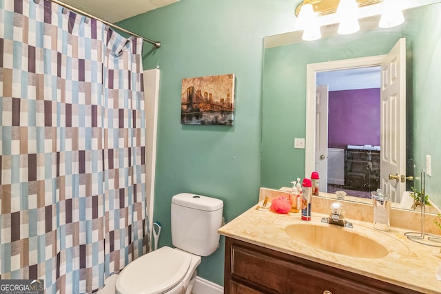 full bath featuring vanity, curtained shower, ensuite bath, and toilet