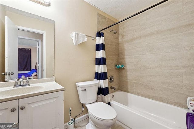 bathroom featuring vanity, toilet, and shower / tub combo with curtain