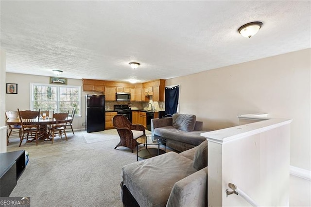 living room with light carpet and a textured ceiling