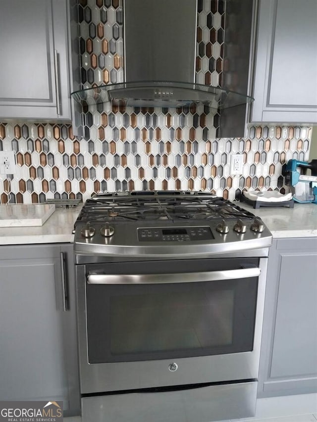 2479 Peachtree Rd NE Unit 1115, Atlanta, GA 30305 - kitchen with stainless steel gas range, light countertops, decorative backsplash, and wall chimney range hood